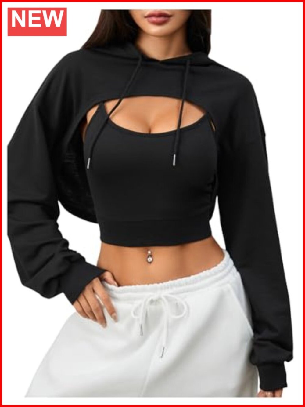 GORGLITTER Cropped Hoodie Long Sleeve Super Crop Top Hooded Shrug Goth